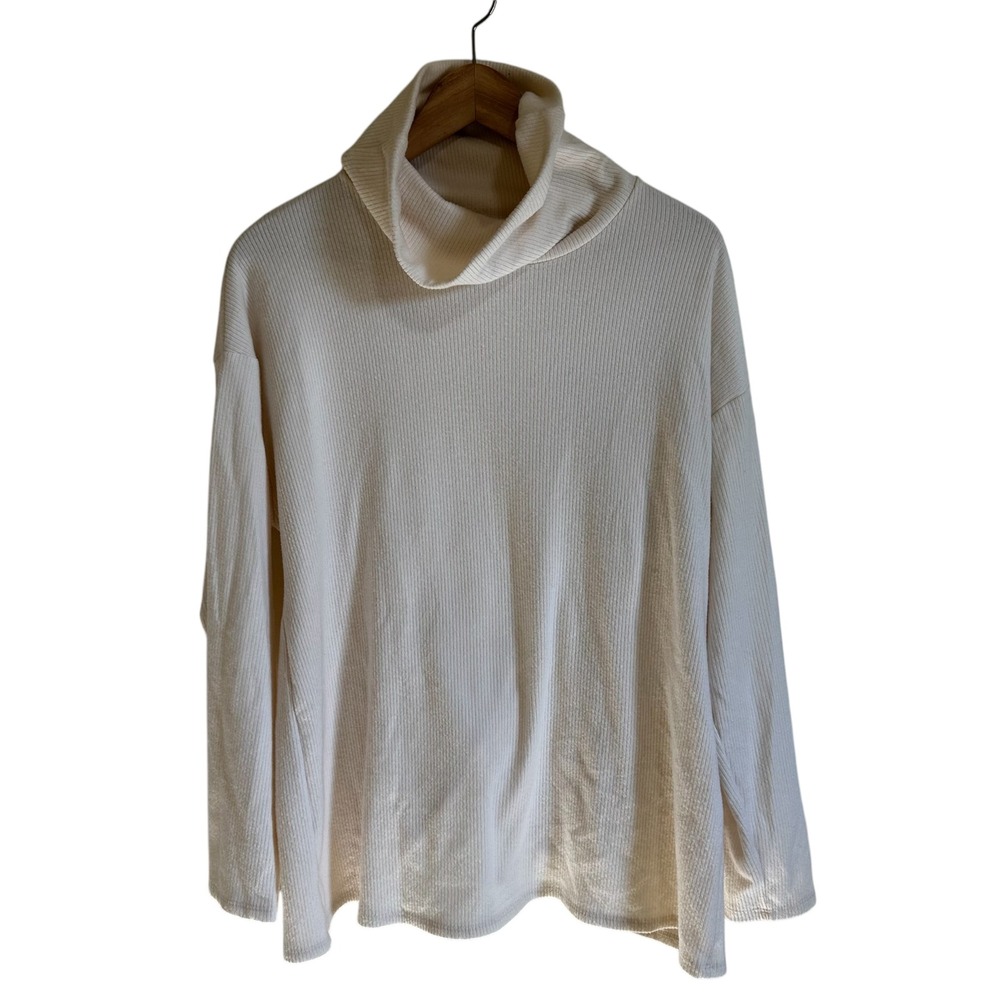 Eri + Ali Ribbed Knit Tunic Top Cowl Neck Long Sleeve Cream Size M